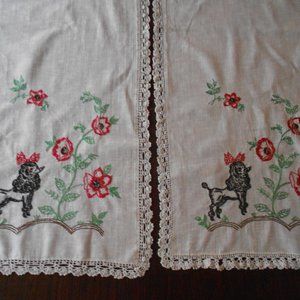 Pair Vintage Poodle Table Runners Tea Towels Hand Embroidered Retro Kitsch
